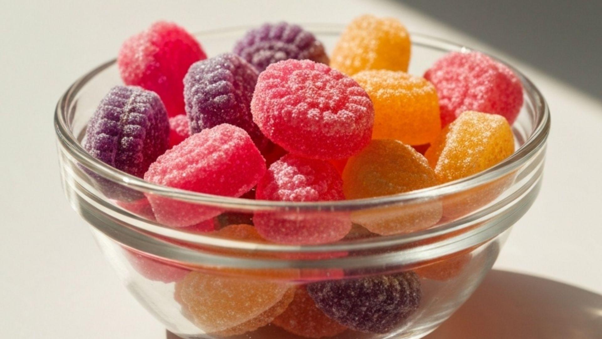 Farverige kreatin gummies i en glasskål