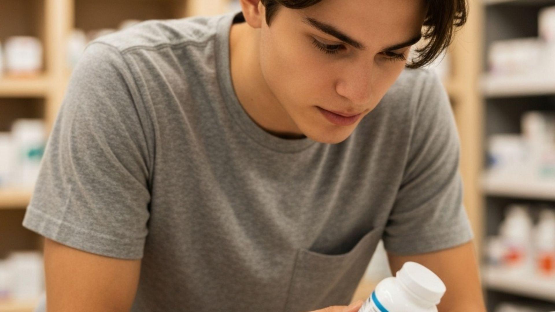 Person der læser et kosttilskuds etiket omhyggeligt