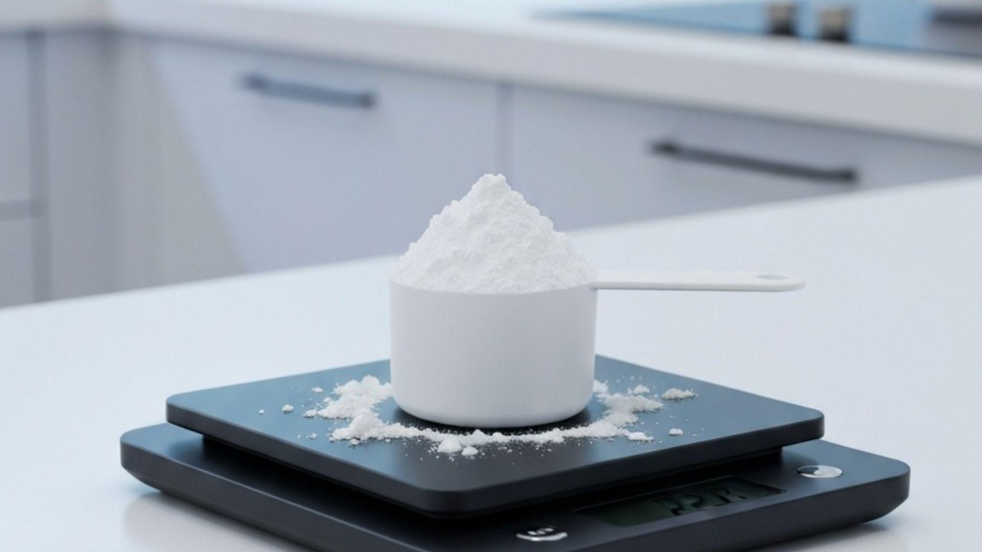 Præcis dosering af kreatin pulver med måleske på en køkkenvægt